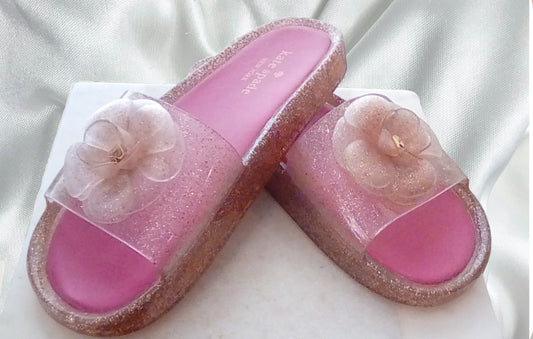 PhoenixLuxe Luxury Consign Hub Kate Spade Pink Clear Glitter Slides with Rosette Detail